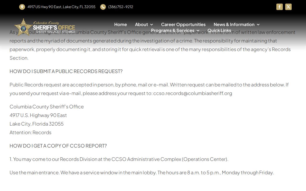 Columbia County Sheriff public records request instructions