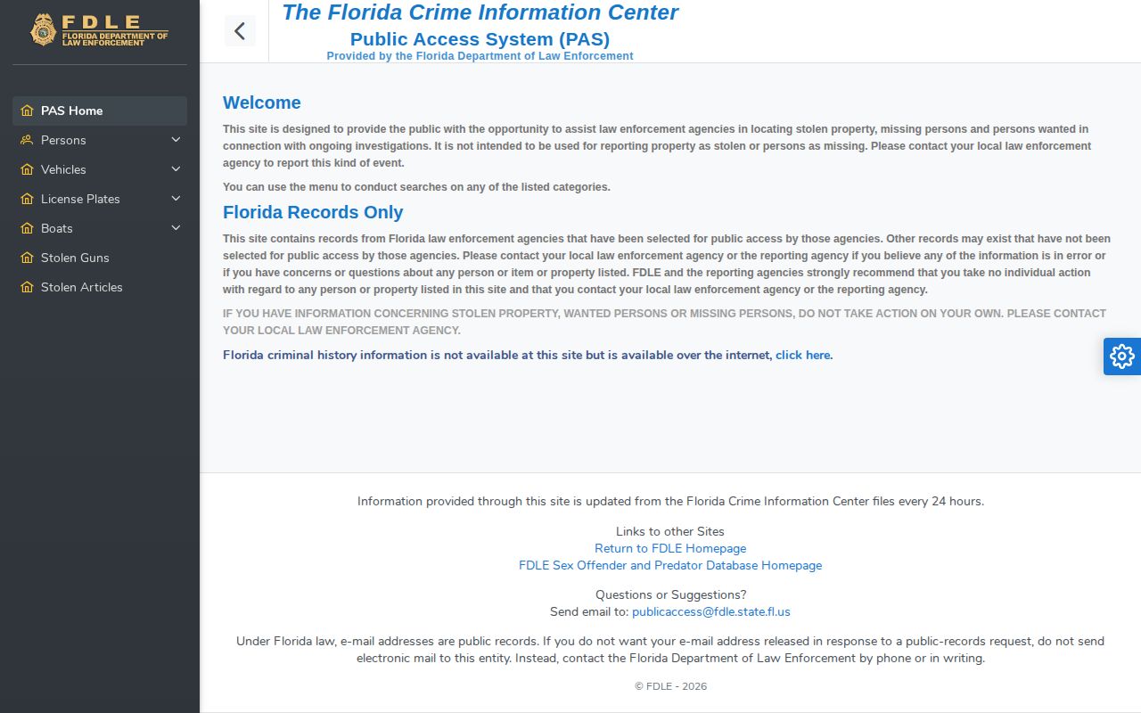 Florida FDLE wanted person public access search