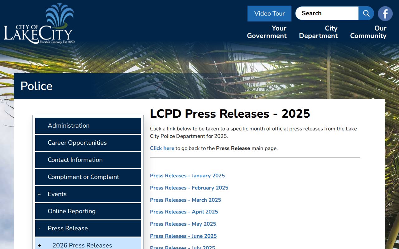 Lake City Police monthly press release archive for selected Columbia County arrest reports