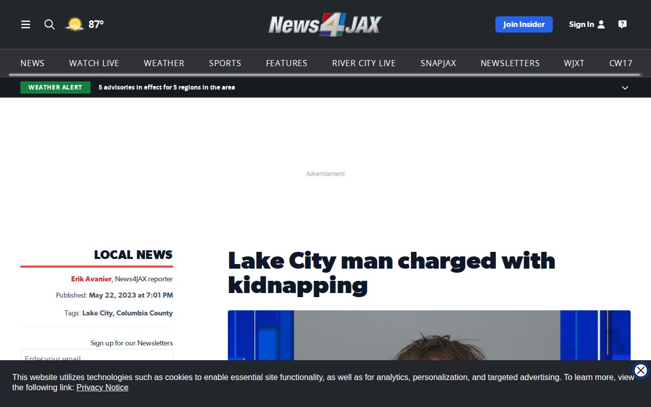 Regional News4JAX report illustrating selected Columbia County arrest coverage and source attribution