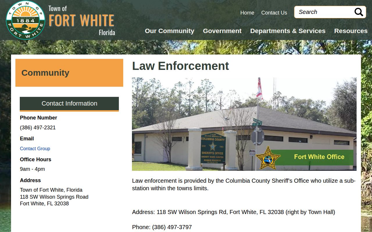 Fort White official law enforcement page identifying Columbia County Sheriff service